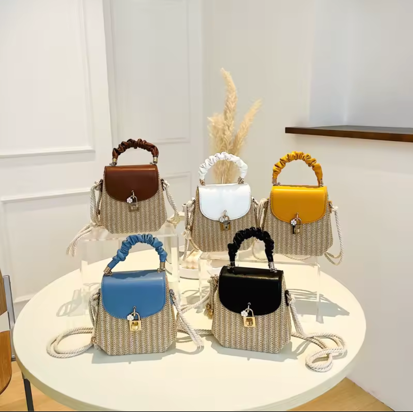 Straw Crossbody Purse with Brown Leather Flap