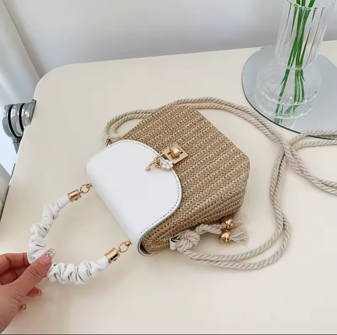 Straw Crossbody Purse with Brown Leather Flap