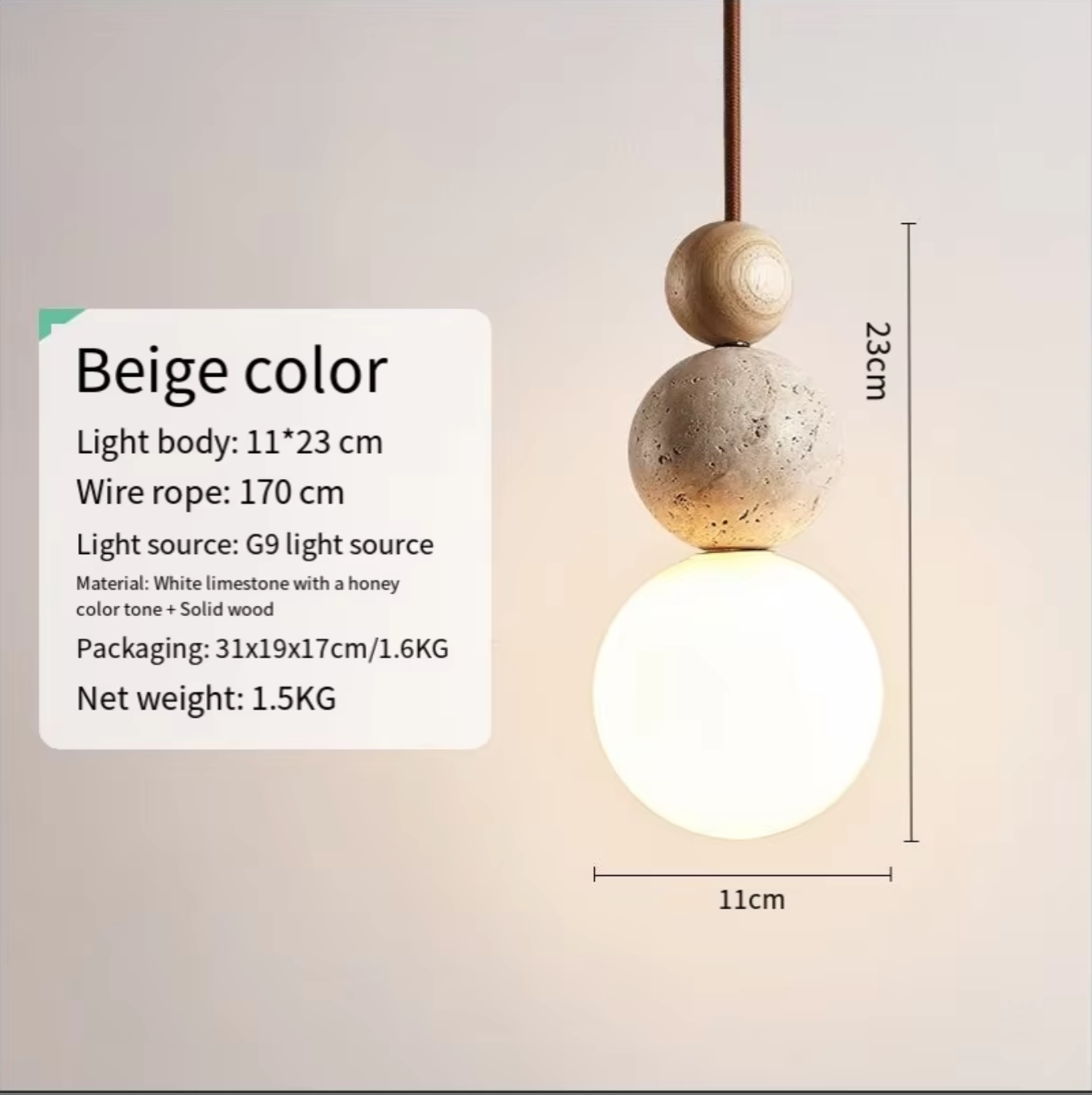 Cream Travertine Pendant Light Natural Stone and Wood