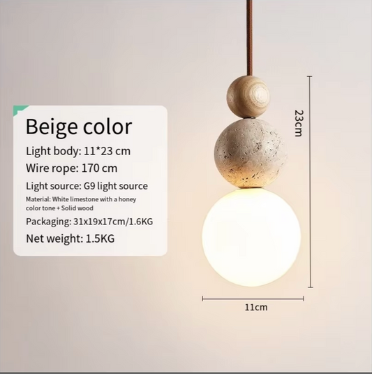 Cream Travertine Pendant Light Natural Stone and Wood