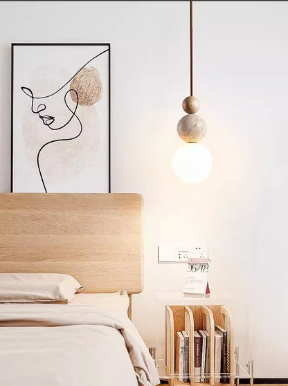 Cream Travertine Pendant Light Natural Stone and Wood