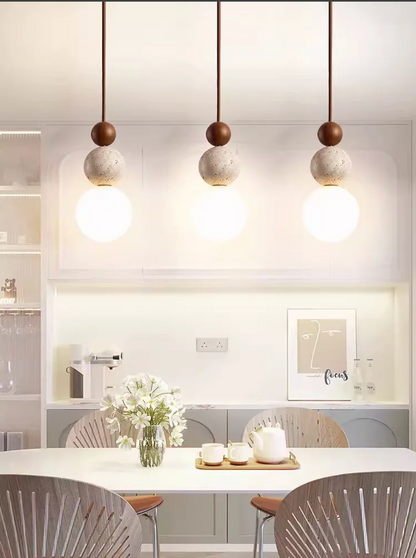 Cream Travertine Pendant Light Natural Stone and Wood