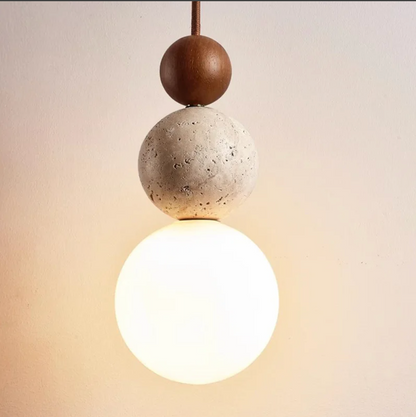 Cream Travertine Pendant Light Natural Stone and Wood