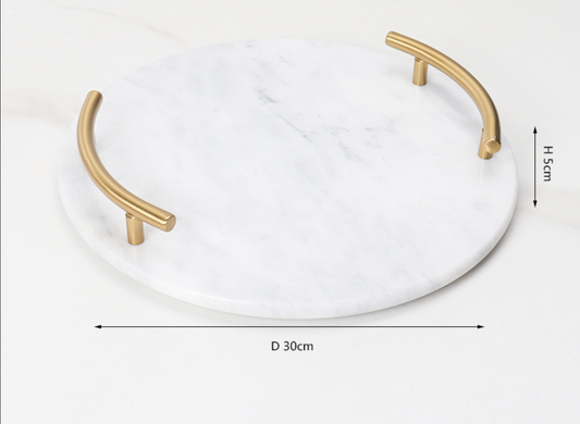 Natural Marble Round Jewelry Tray with Gold Metal Handles
