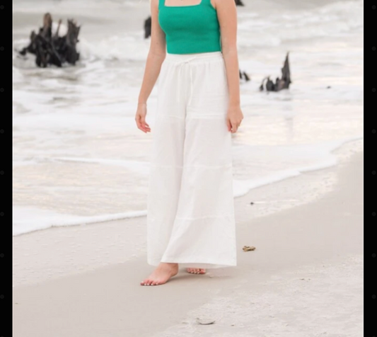 White Cotton Wide Leg Beach Pants for Women