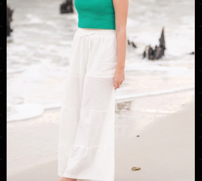 White Cotton Wide Leg Beach Pants for Women