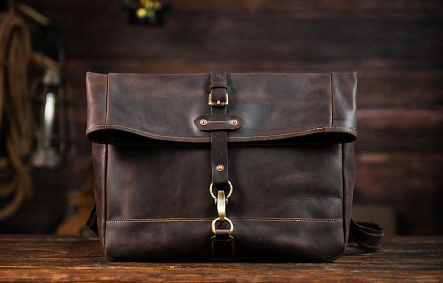 Men’s Crazy Horse Cowhide Leather Motorcycle Messenger Bag