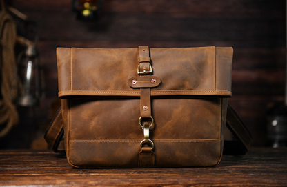 Men’s Crazy Horse Cowhide Leather Motorcycle Messenger Bag