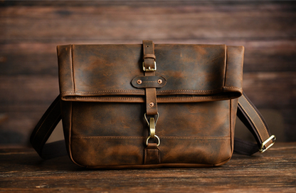 Men’s Crazy Horse Cowhide Leather Motorcycle Messenger Bag