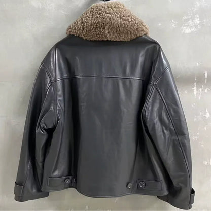 women leather jacket with real fur collar