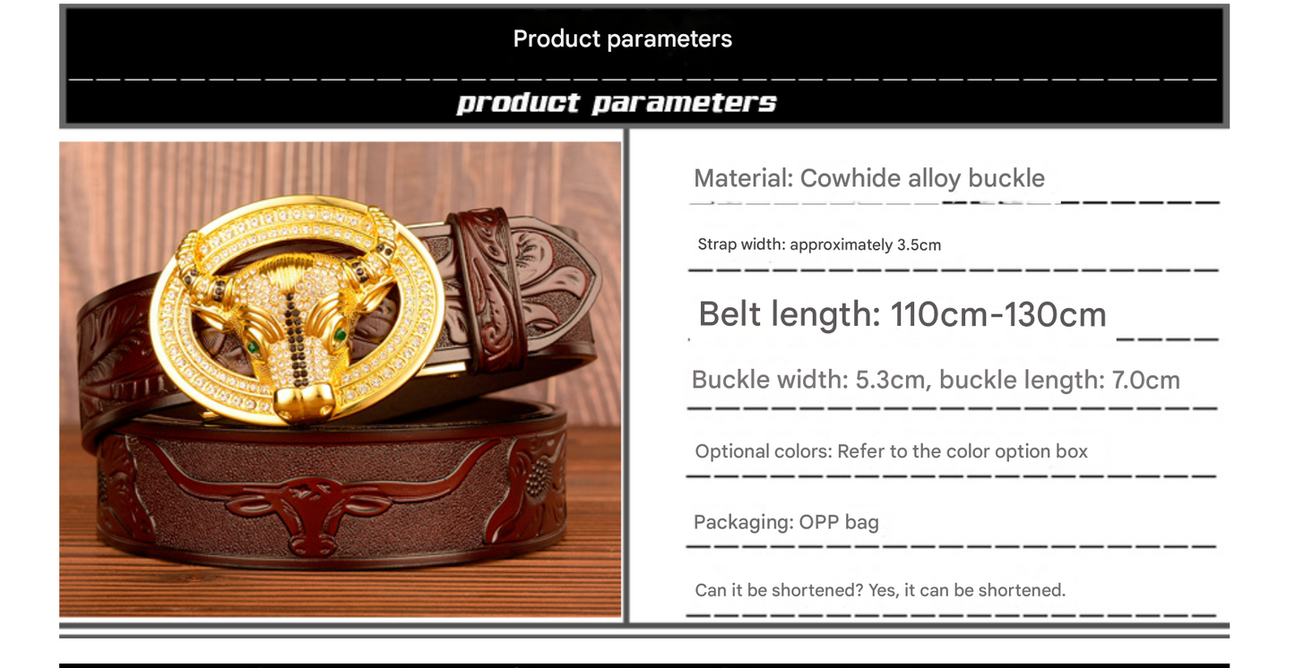 Men’s Leather Cowboy Belt with Bull Head Buckle