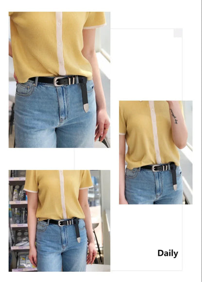 Retro silver buckle cowhide women leather belt