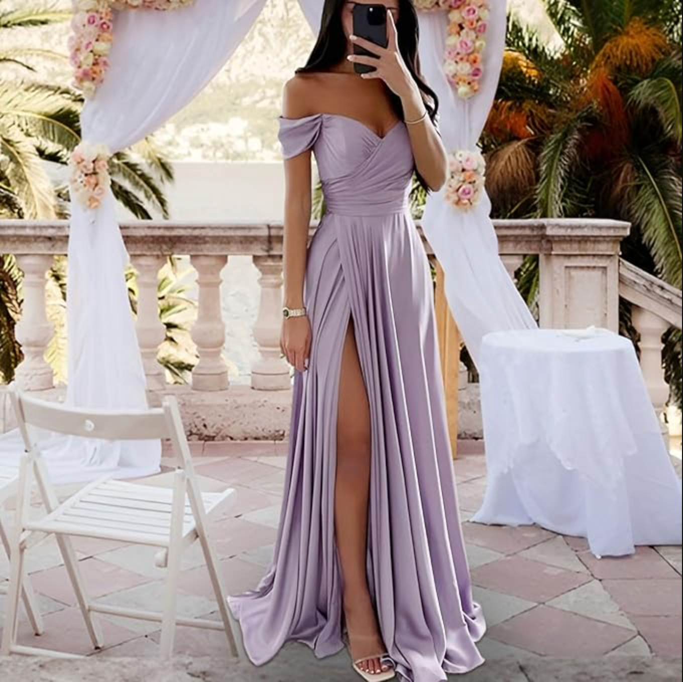Lavender off shoulder prom dress with slit