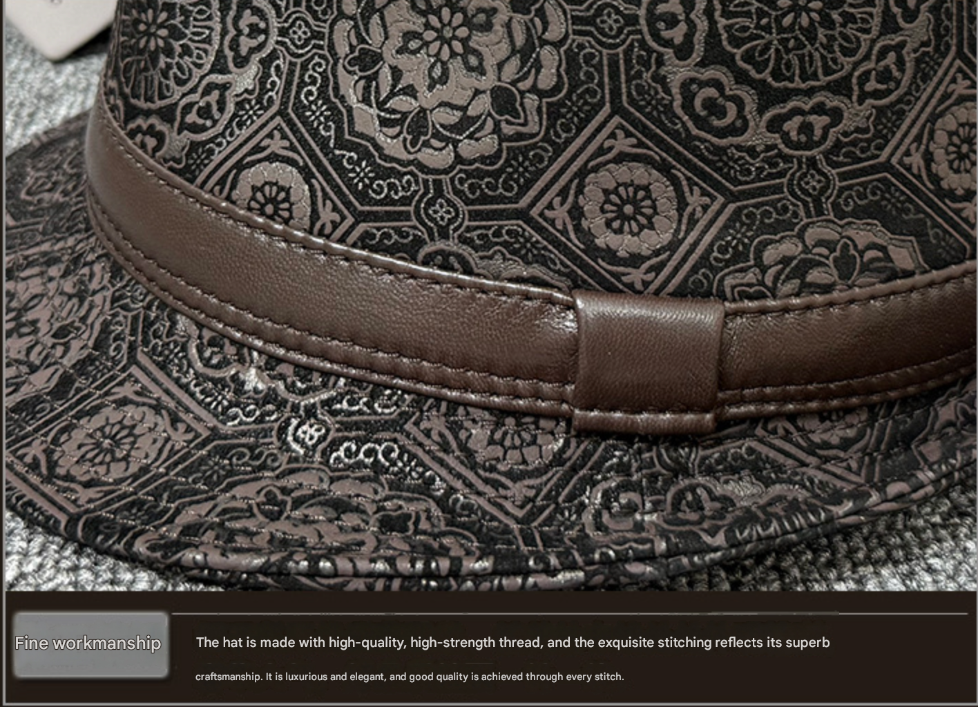 Leather jazz hat with hand-embossed design