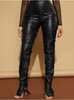 High waisted black faux leather pants with ruched fit
