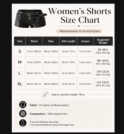 Black faux leather shorts with belted low rise fit