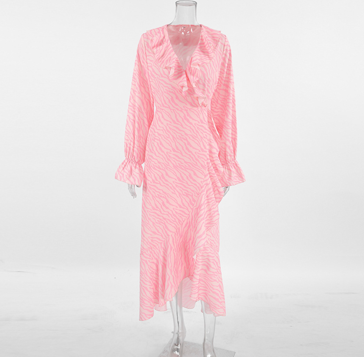 Pink Ruffle Maxi Dress with Wrap Front