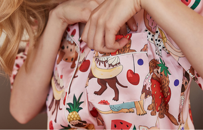 Women’s Ice Silk Pajama Set with Cute Printed Shorts