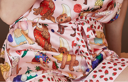 Women’s Ice Silk Pajama Set with Cute Printed Shorts
