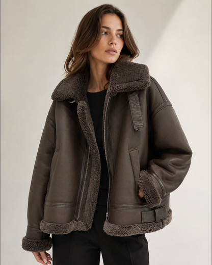 Women's Brown Fur Lined Lambskin Bomber Jacket
