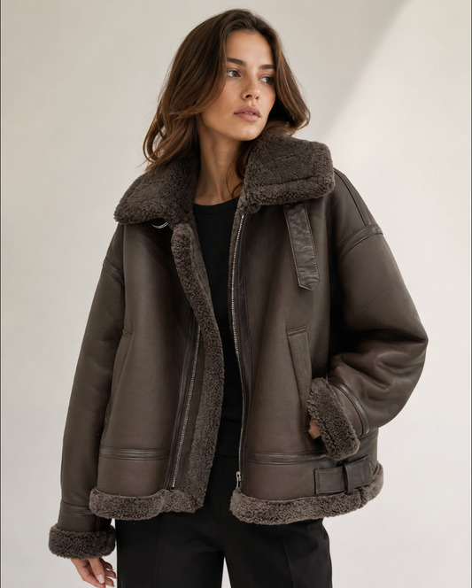 Women's Brown Fur Lined Lambskin Bomber Jacket