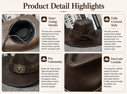 Brown Cowhide Leather Cowboy Hat