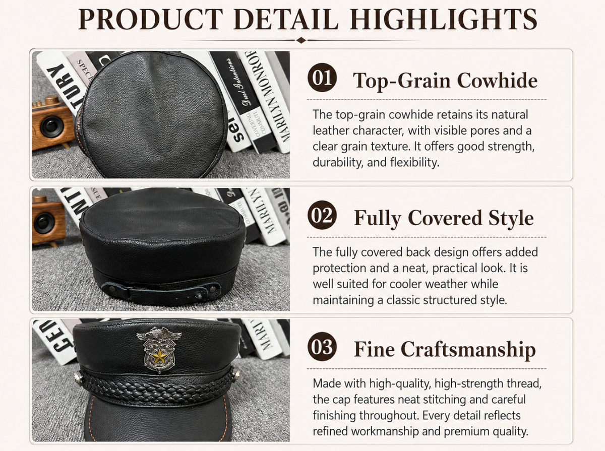 Leather Captain Navy Cap with Braided Band