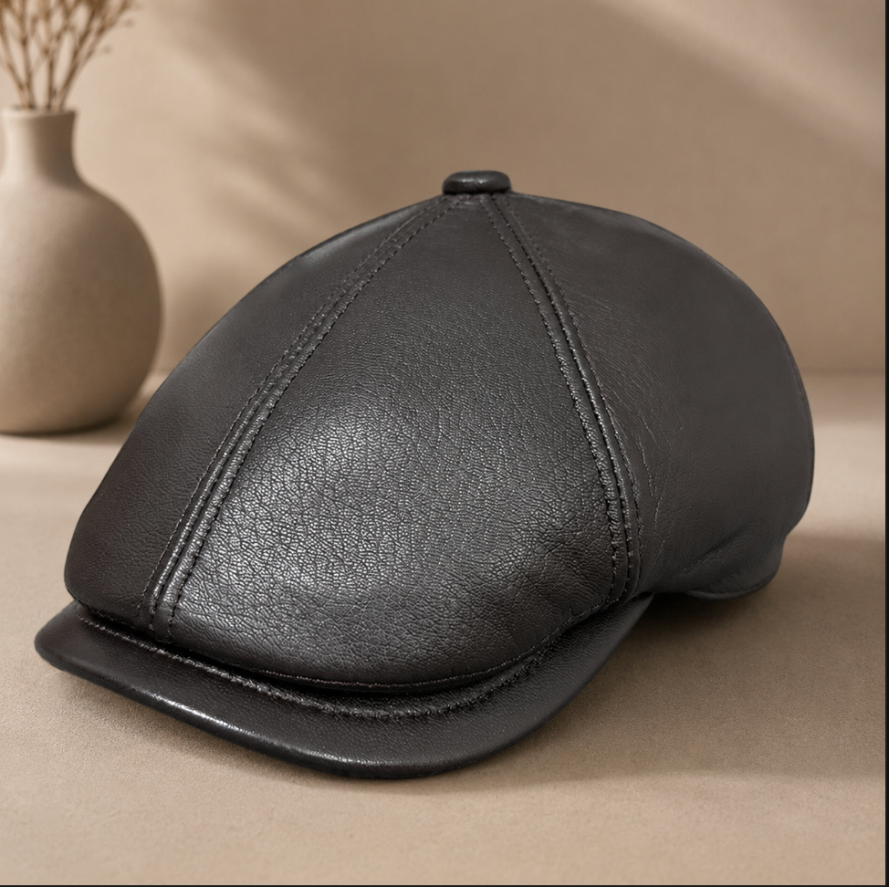 Unisex Sheepskin Leather Flat Cap Newsboy Hat