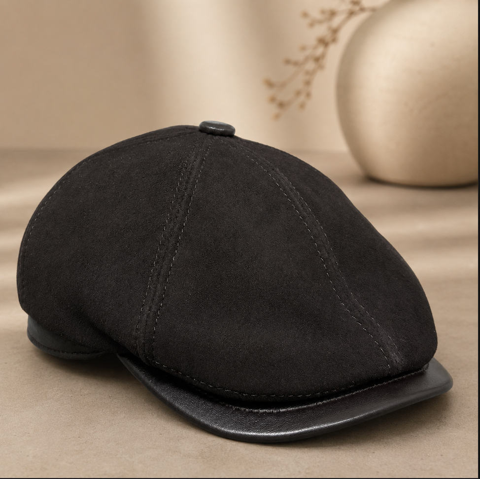 Unisex Sheepskin Leather Flat Cap Newsboy Hat
