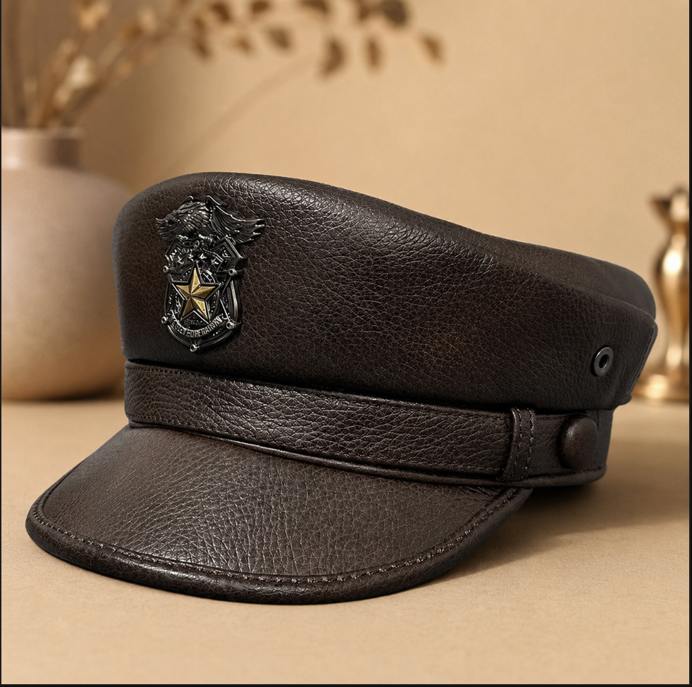 Men’s Genuine Leather Captain Hat in Cowhide Brown L