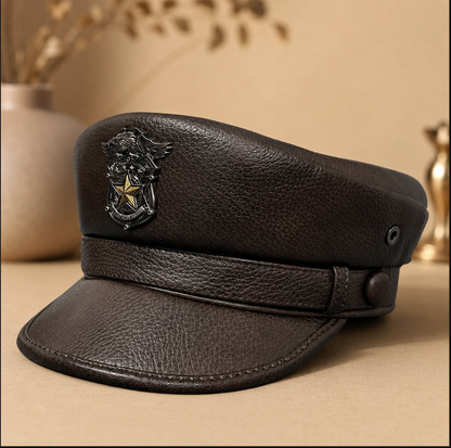 Men’s Genuine Leather Captain Hat in Cowhide Brown L