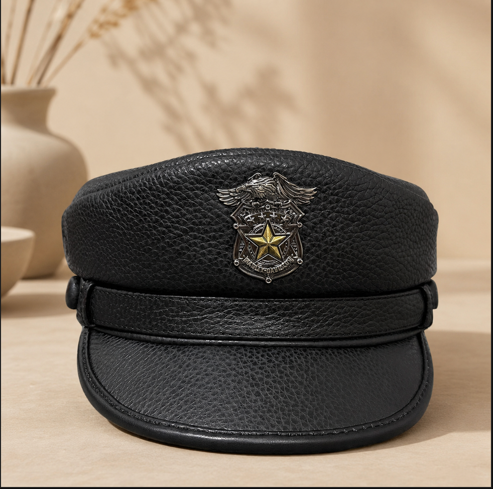 Men’s Genuine Leather Captain Hat in Cowhide Black L