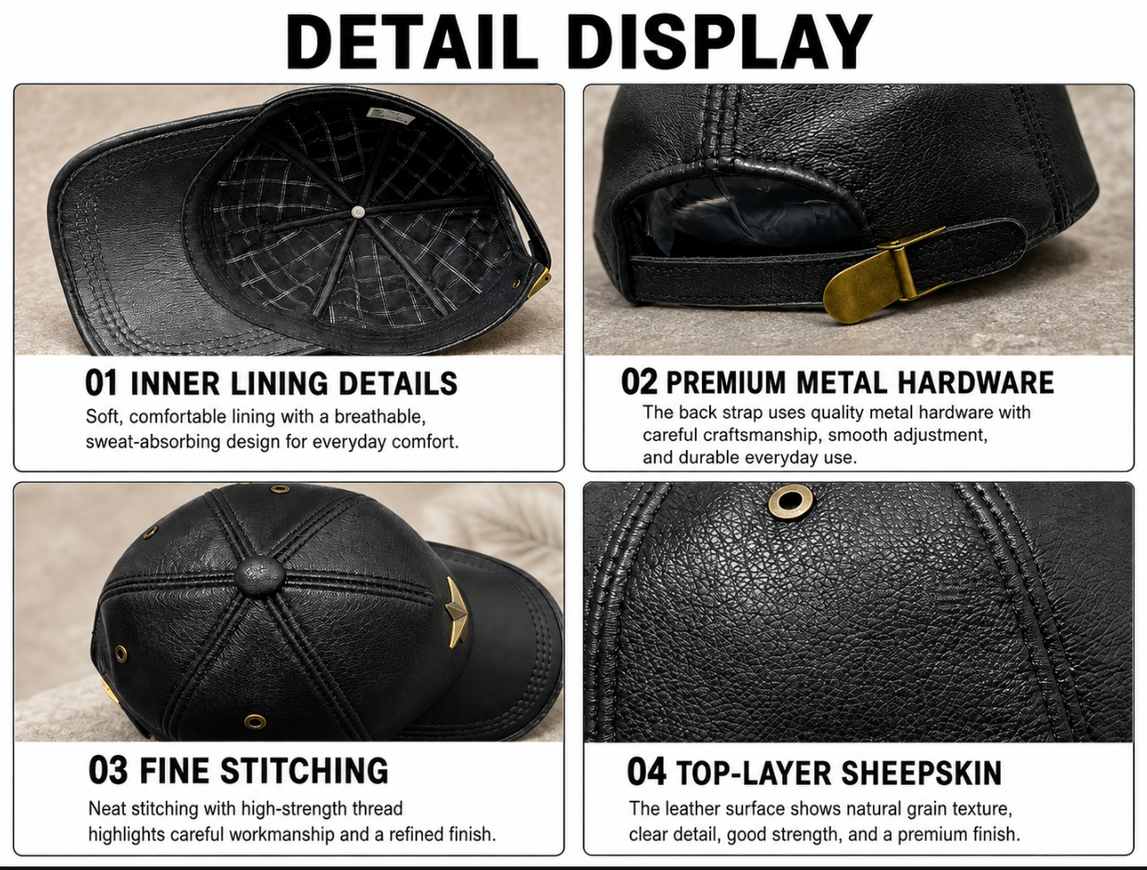 Men’s Genuine Leather Baseball Cap with Five Star Badge