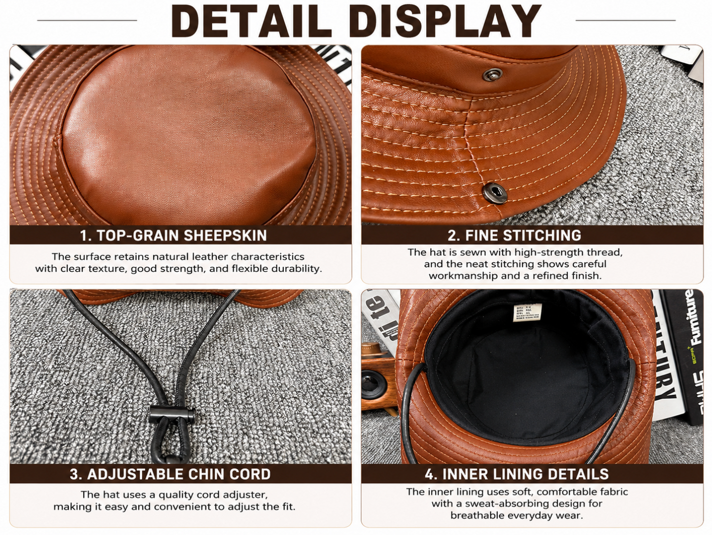 Men’s Genuine Leather Fisherman Hat Wide Brim
