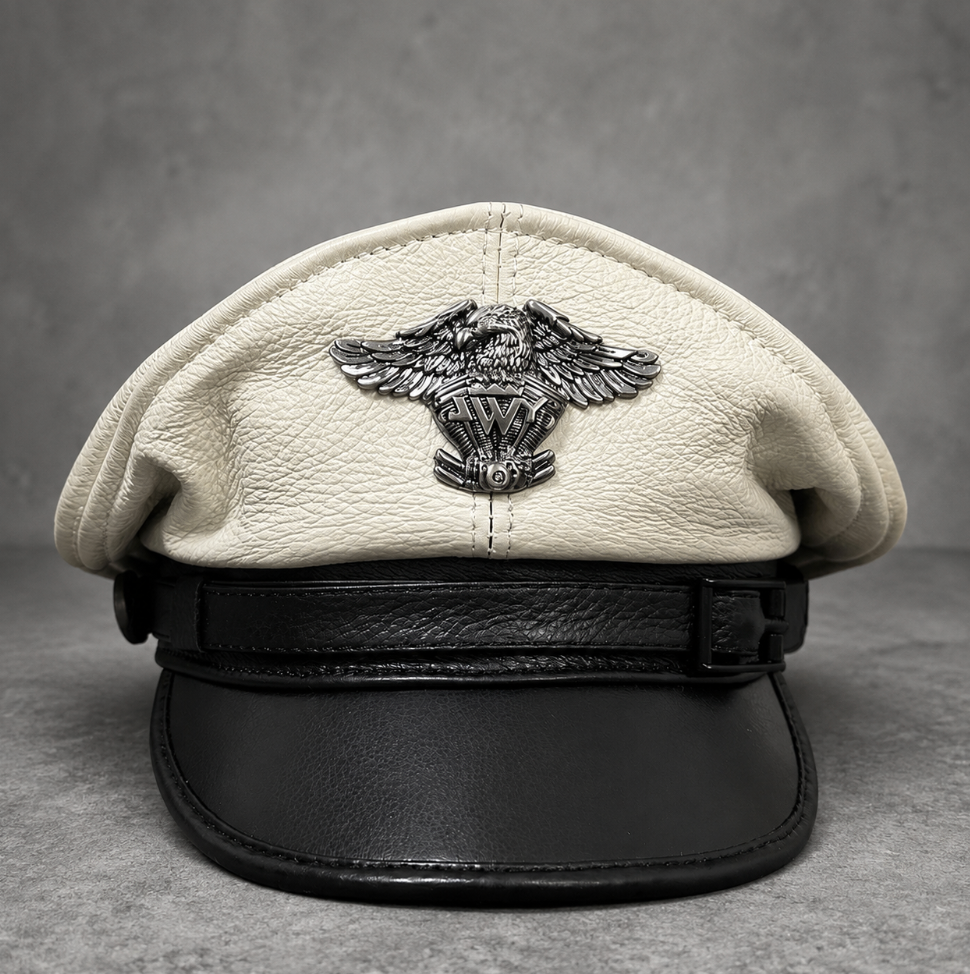 Men’s Genuine Leather Captain Cap with Eagle Emblem