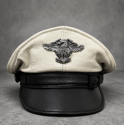 Men’s Genuine Leather Captain Cap with Eagle Emblem