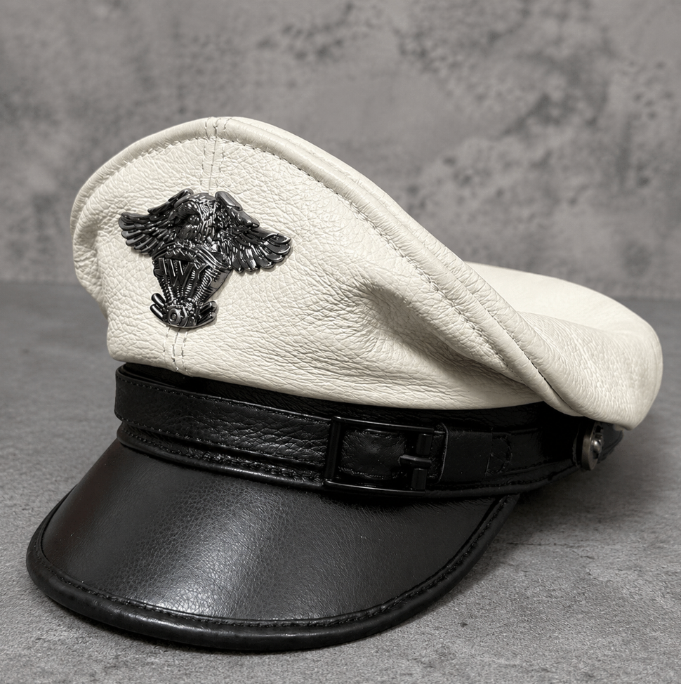 Men’s Genuine Leather Captain Cap with Eagle Emblem