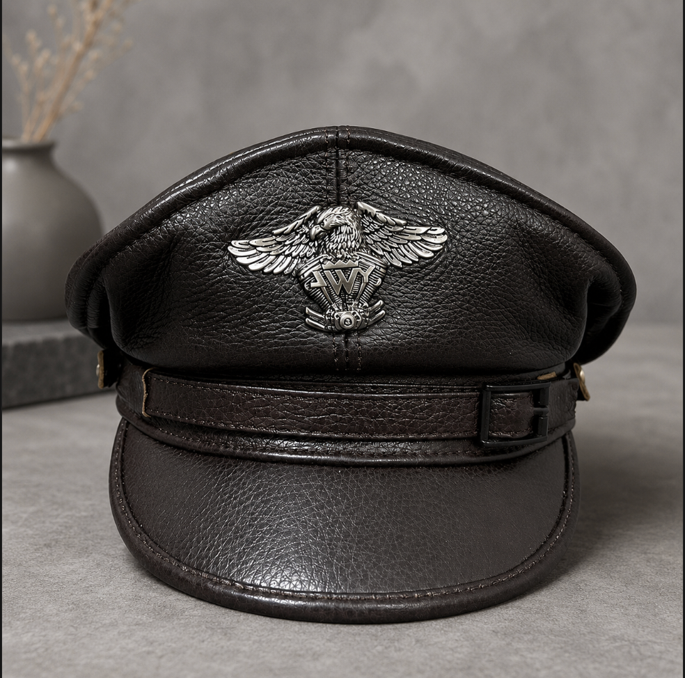 Men’s Genuine Leather Captain Cap with Eagle Emblem
