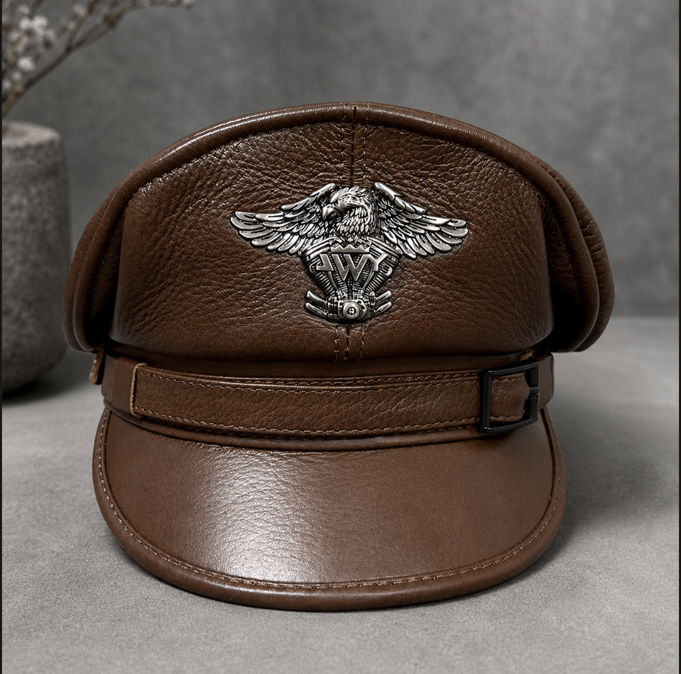 Men’s Genuine Leather Captain Cap with Eagle Emblem