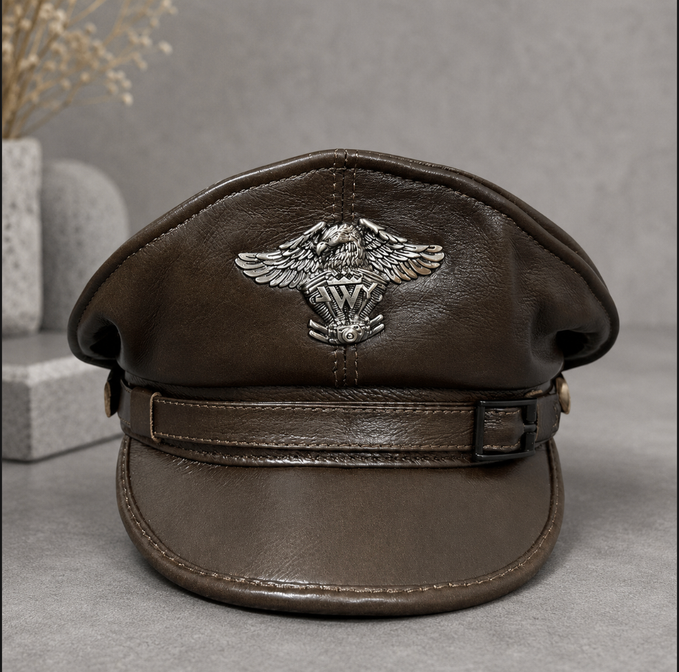 Men’s Genuine Leather Captain Cap with Eagle Emblem