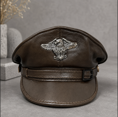 Men’s Genuine Leather Captain Cap with Eagle Emblem