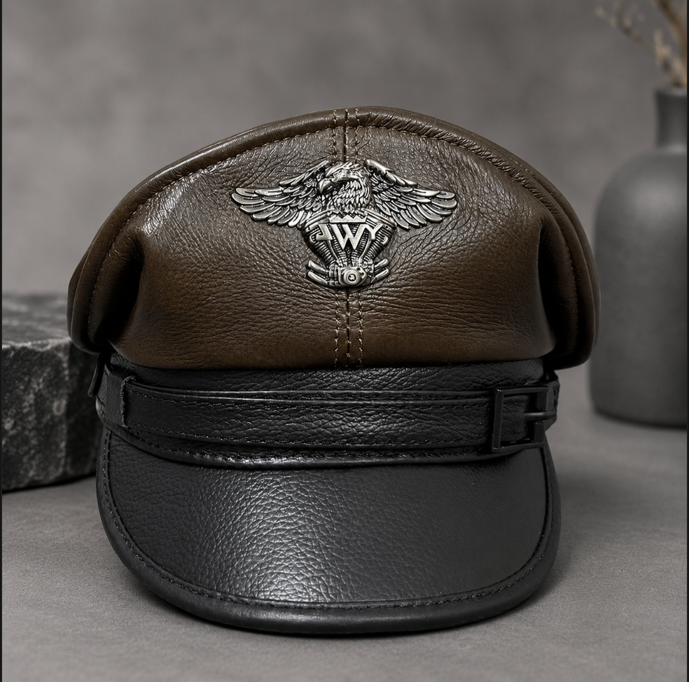 Men’s Genuine Leather Captain Cap with Eagle Emblem