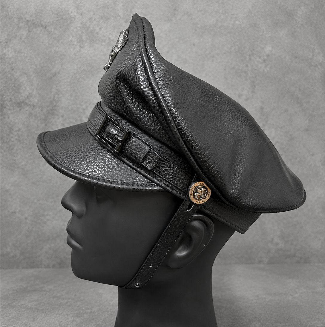 Men’s Genuine Leather Captain Cap with Eagle Emblem
