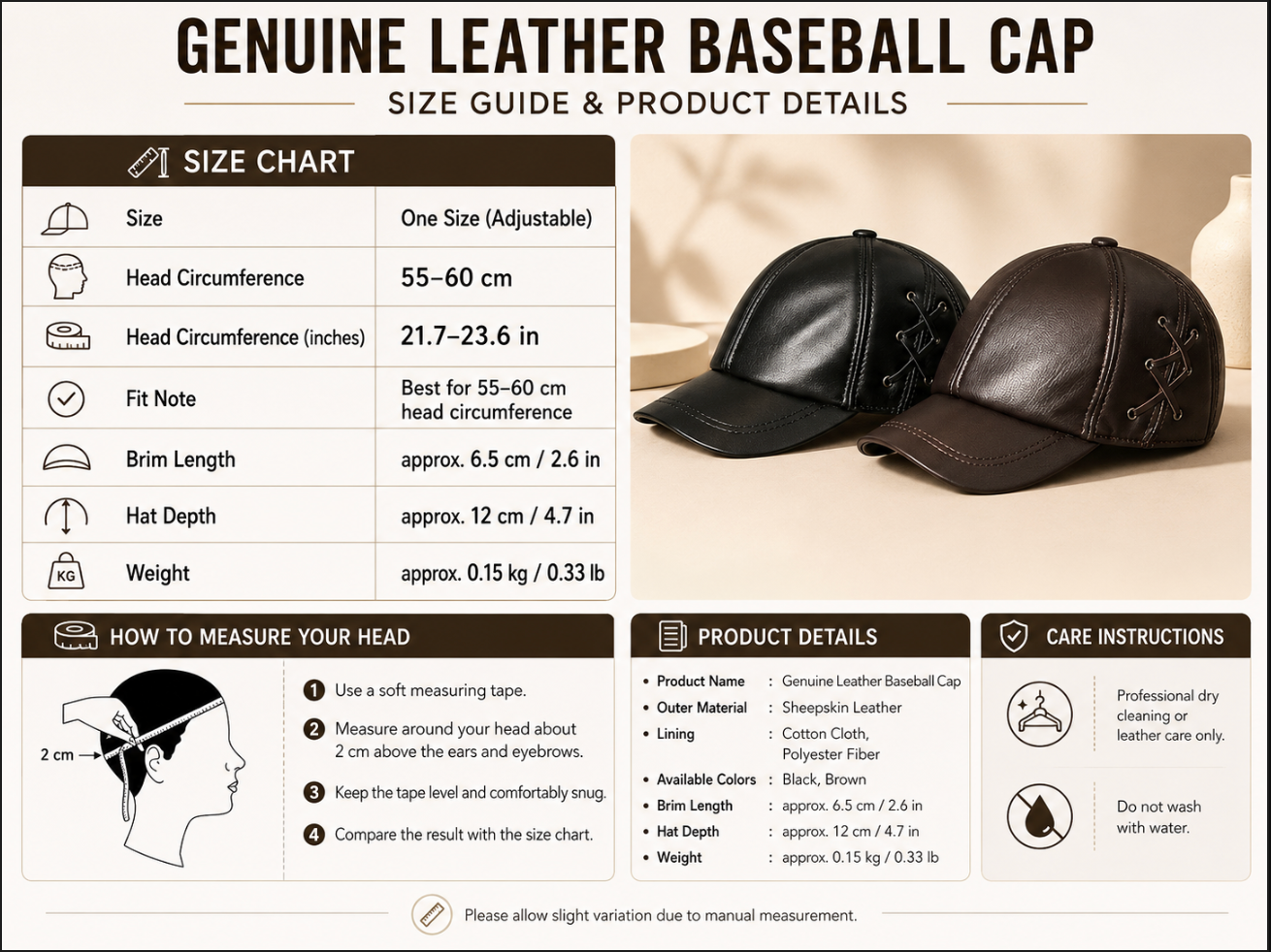 Men’s Genuine Leather Baseball Cap with Side Detail