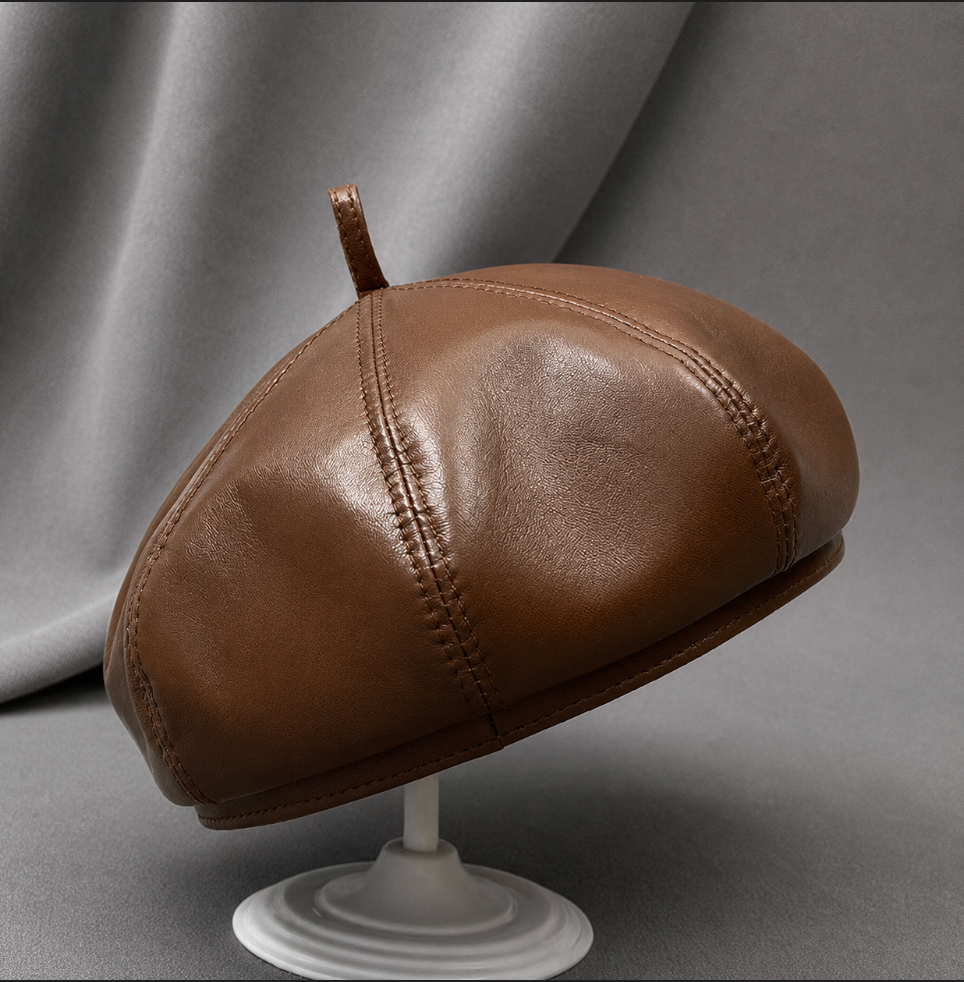 Genuine Leather Newsboy Cap with Octagonal Crown
