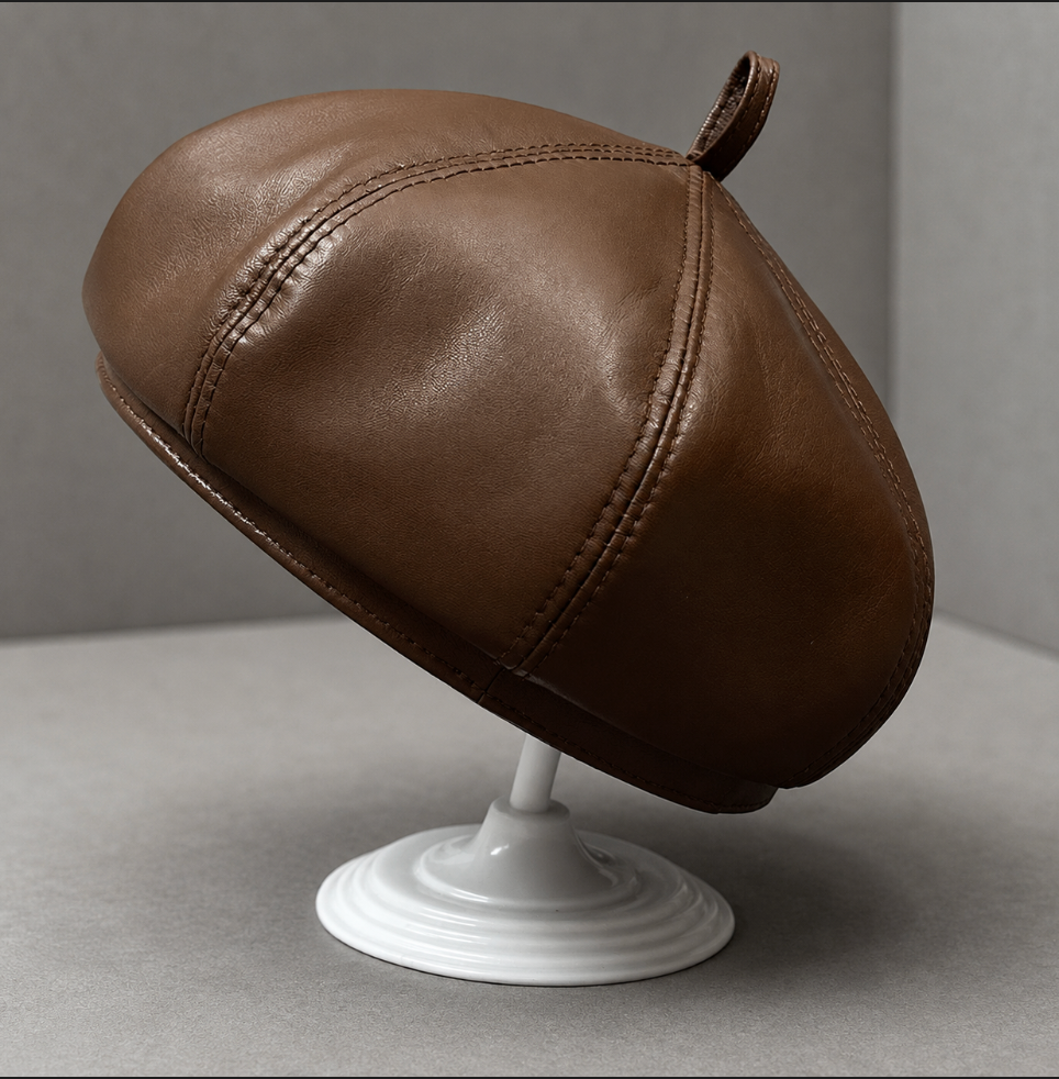 Genuine Leather Newsboy Cap with Octagonal Crown