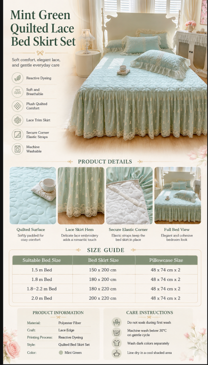 Padded Lace Bed Skirt with Quilted Top and Elastic Straps