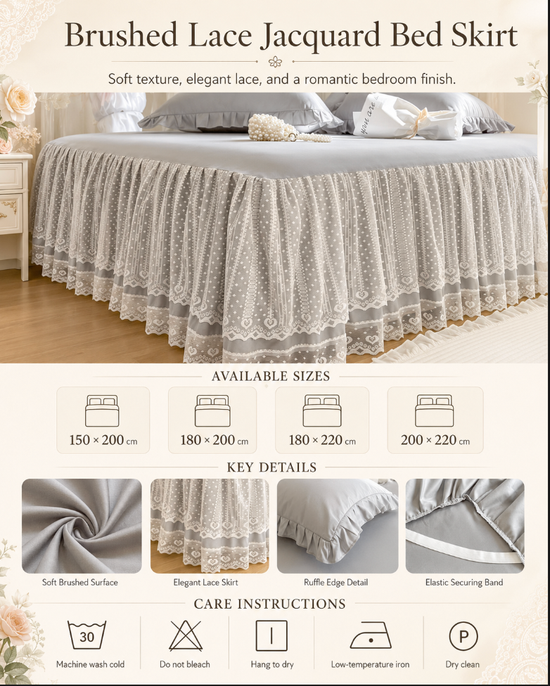 Lace Fitted Sheet with Ruffled Bed Skirt and Pillowcase