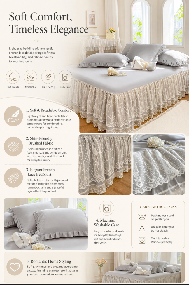 Lace Fitted Sheet with Ruffled Bed Skirt and Pillowcase