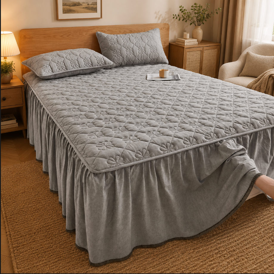 100% Cotton Quilted Bed Skirt with Padded Mattress Cover